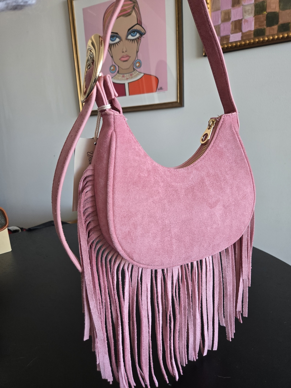 NWT Universal Thread Pink Faux Suede Fringe Crescent Shoulder Bag - Picture 8 of 13